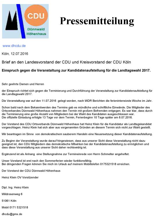 CDU Dnnwald Hhenhaus Pressemitteilung